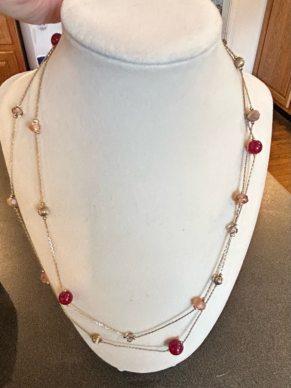 LOFT Multi-Strand Gold Necklace with Red and Pink Beads